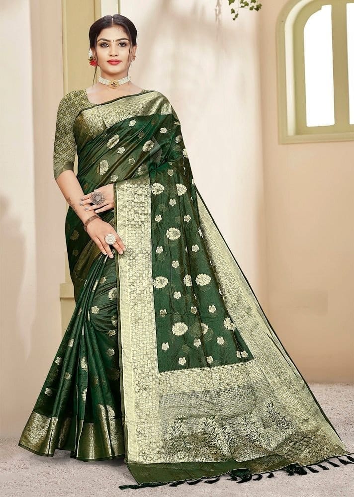 Woven Art Silk Saree in Dark Green