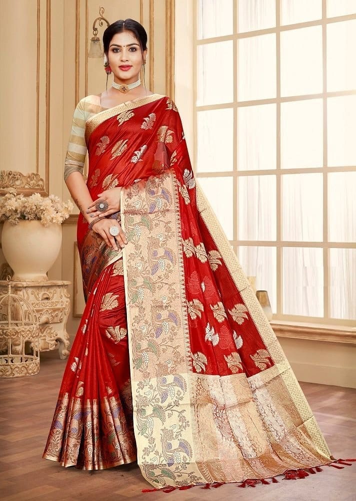 Woven Art Silk Saree in Red