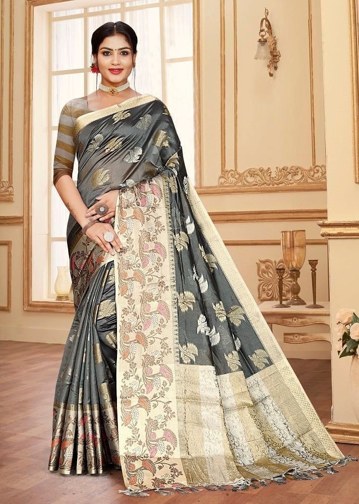 Woven Art Silk Saree in Grey