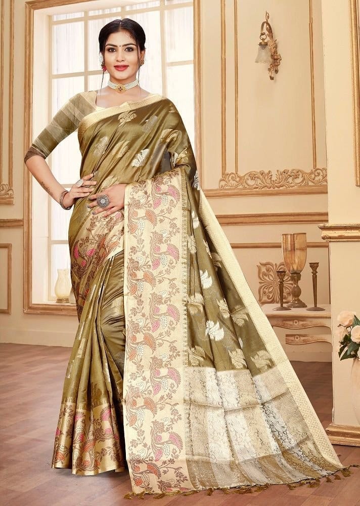 Woven Art Silk Saree in Olive Green