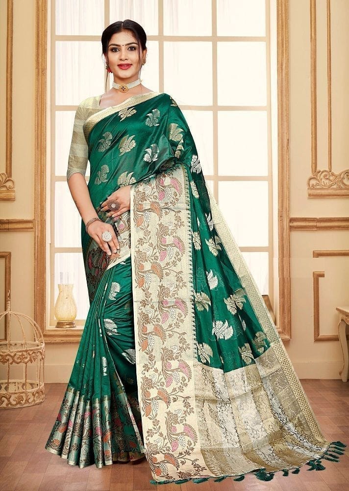 Woven Art Silk Saree in Teal Green
