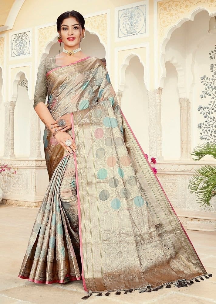 Woven Art Silk Saree in Grey