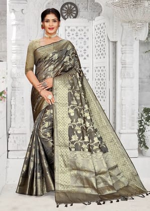 Woven Art Silk Saree in Grey