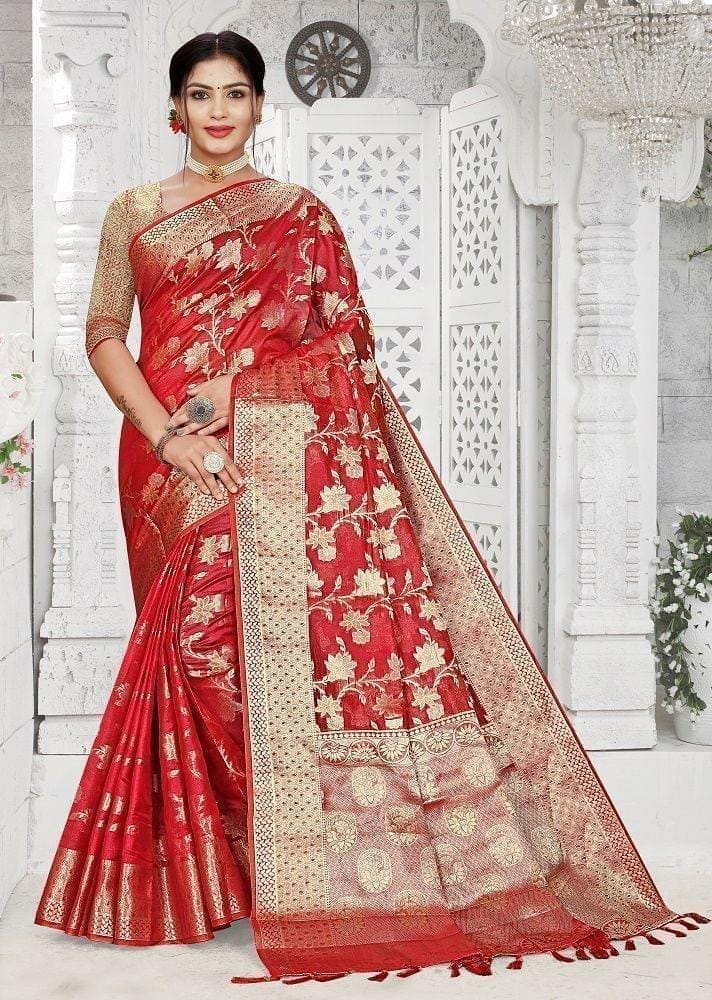 Woven Art Silk Saree in Red