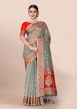 Woven Art Silk Saree in Grey