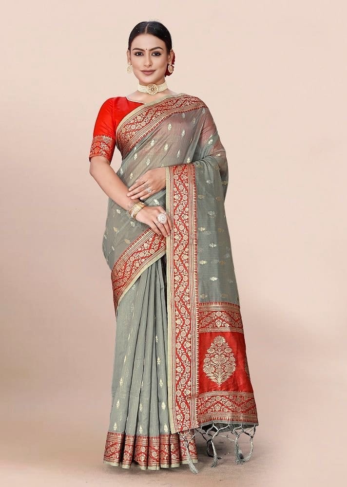 Woven Art Silk Saree in Grey