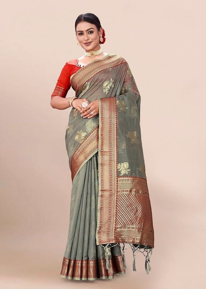 Woven Art Silk Saree in Grey