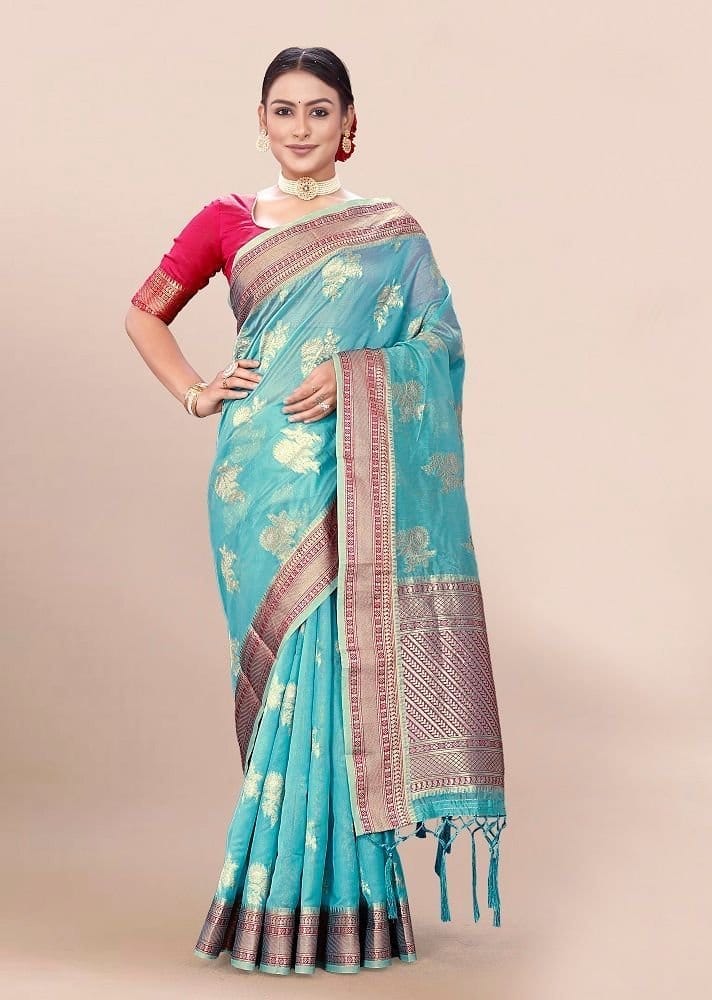 Woven Art Silk Saree in Sky Blue