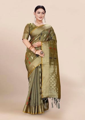 Woven Art Silk Saree in Olive Green