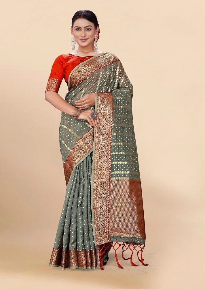 Woven Art Silk Saree in Grey