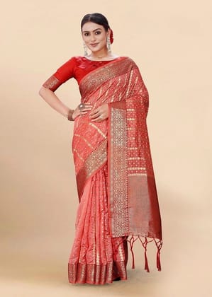 Woven Art Silk Saree in Dark Peach