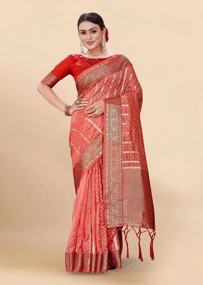 Woven Art Silk Saree in Dark Peach