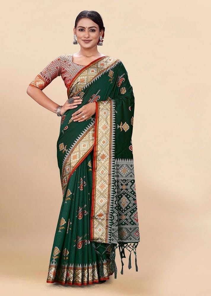 Woven Art Silk Saree in Dark Green