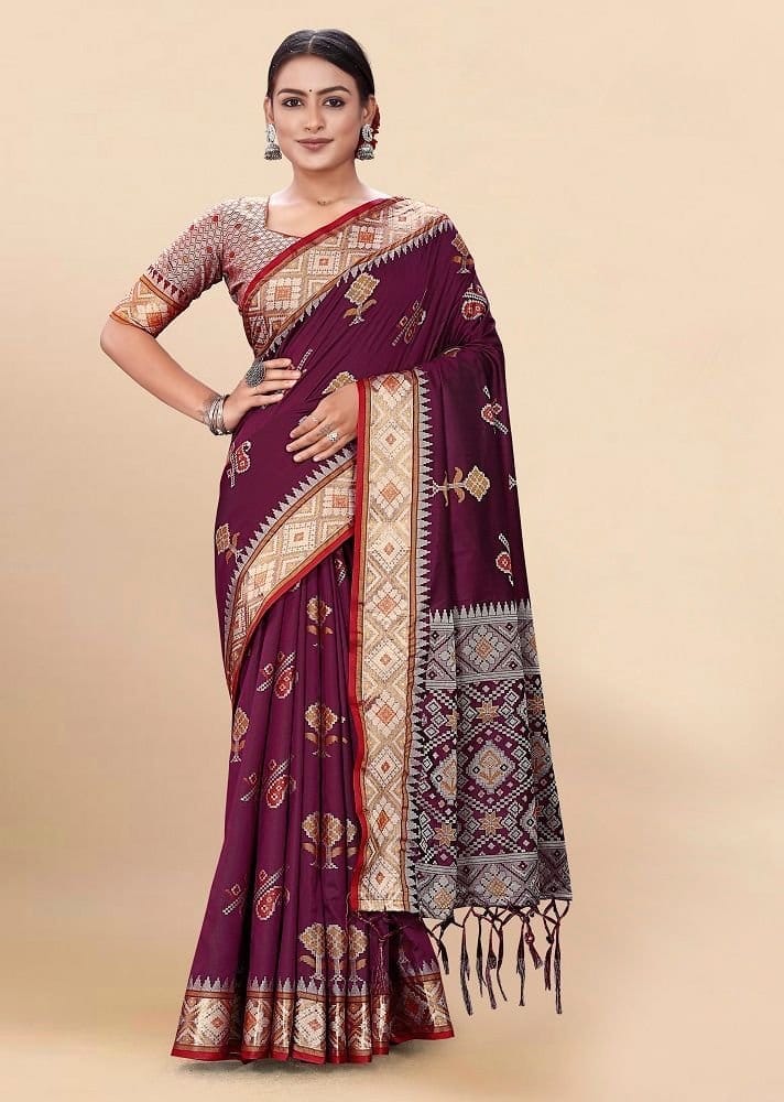 Woven Art Silk Saree in Wine