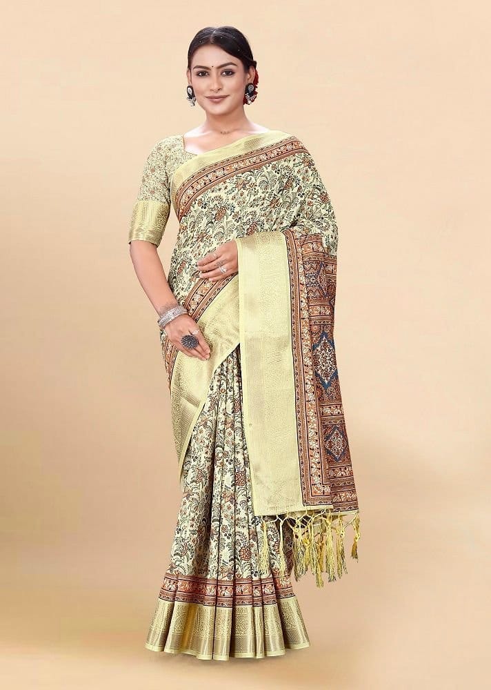 Digital Printed Cotton Saree in Cream