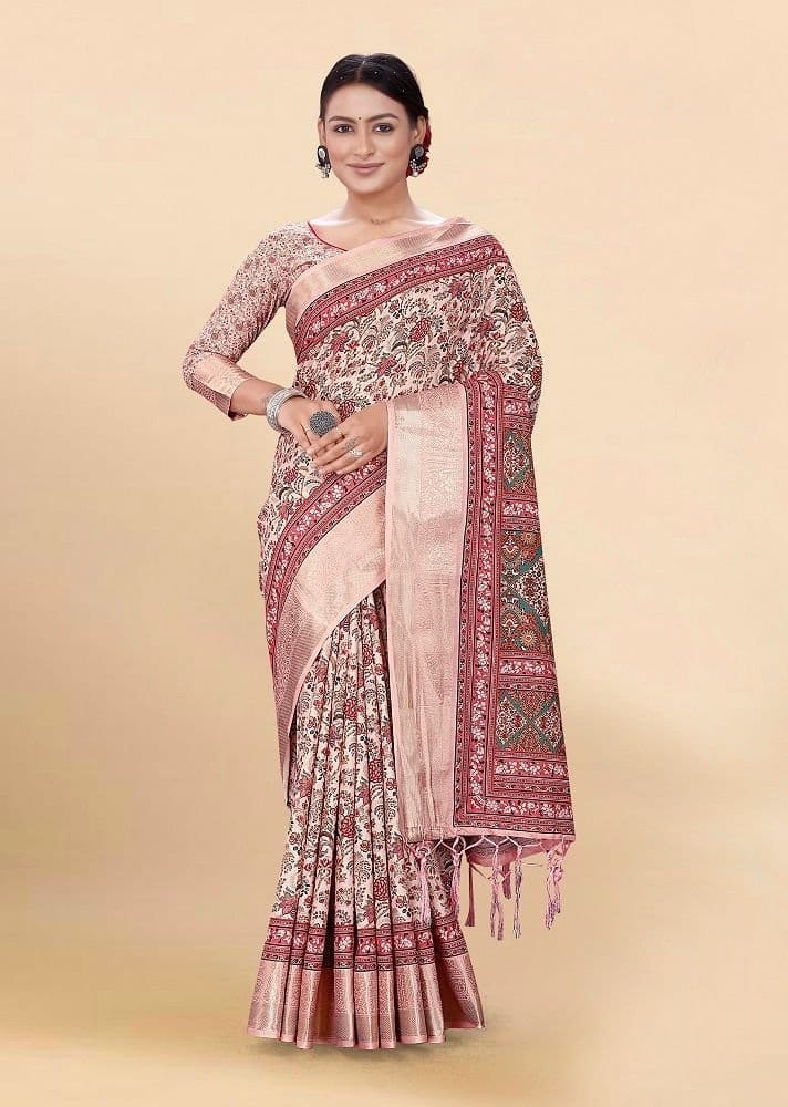 Digital Printed Cotton Saree in Peach