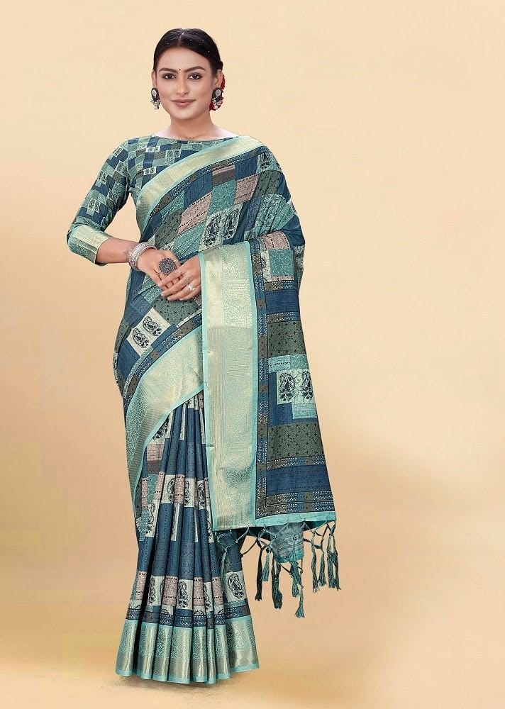 Digital Printed Cotton Saree in Teal Blue