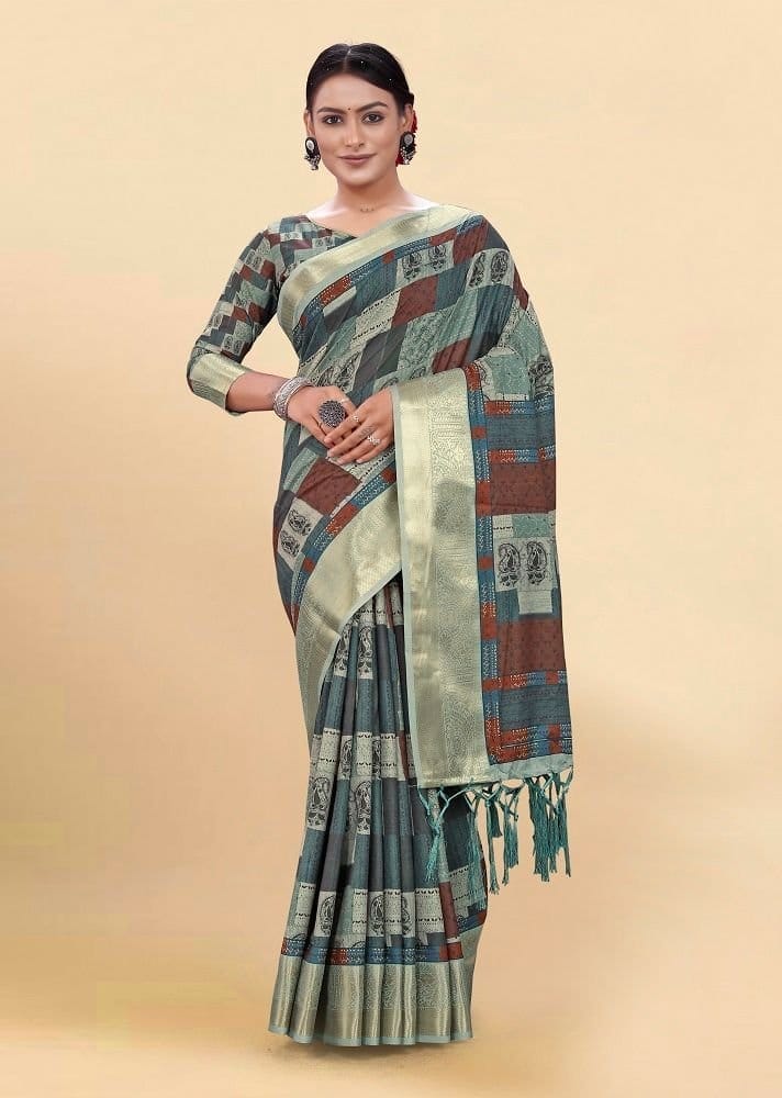 Digital Printed Cotton Saree in Grey