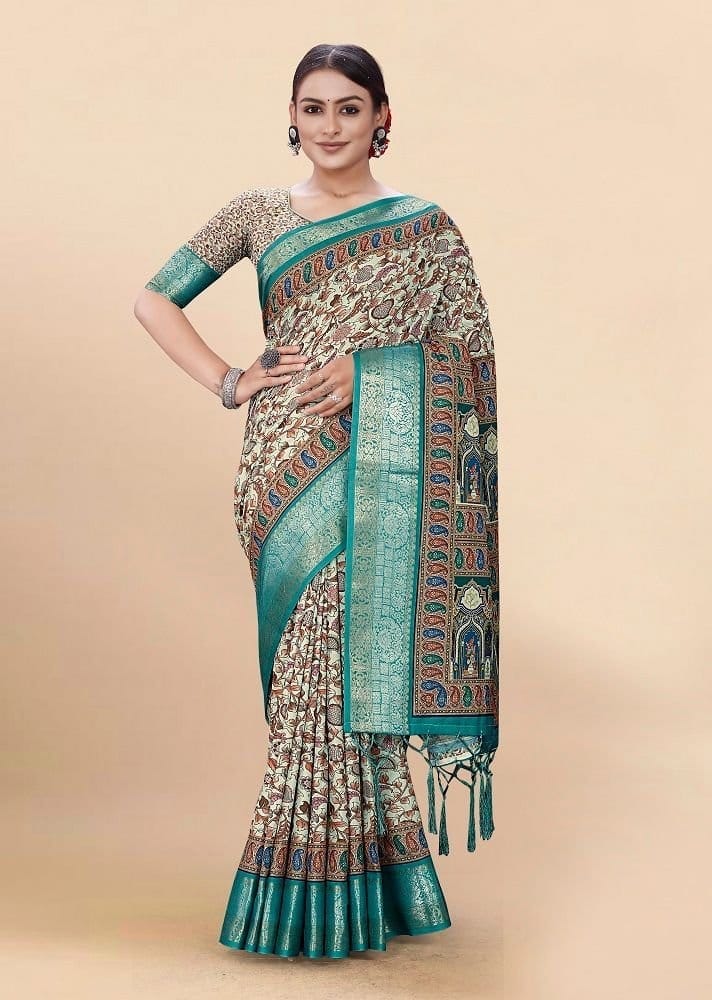 Digital Printed Cotton Saree in Light Green