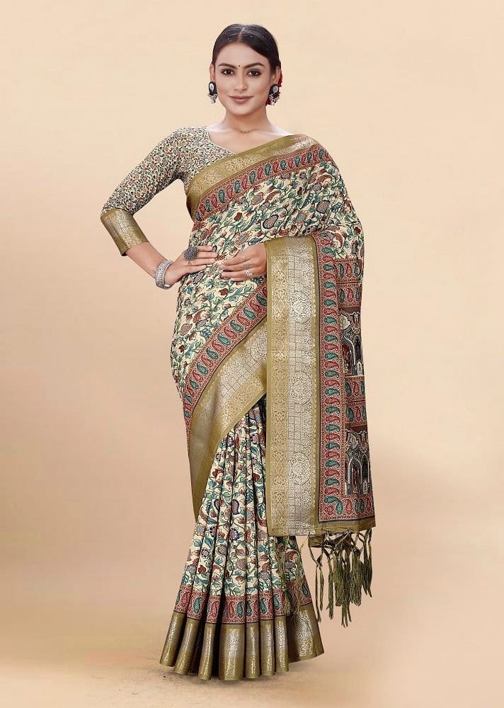 Digital Printed Cotton Saree in Beige