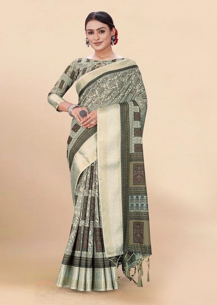 Digital Printed Cotton Saree in Light Green