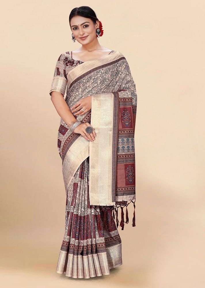 Digital Printed Cotton Saree in Peach