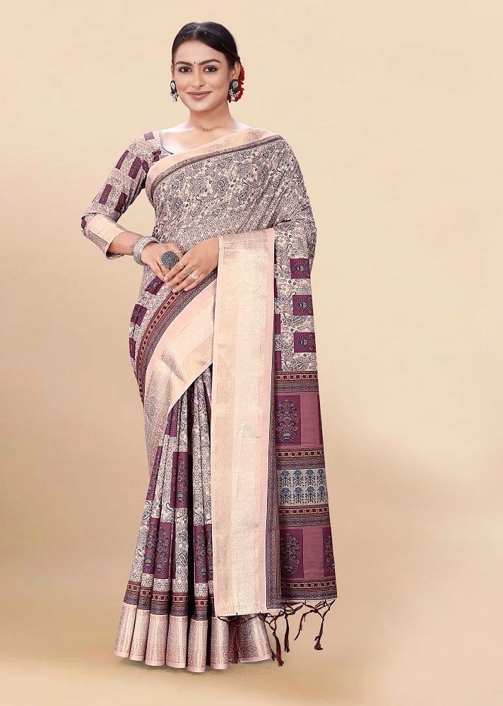 Digital Printed Cotton Saree in Peach