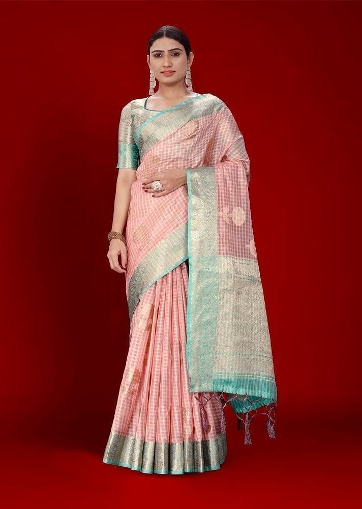 Woven Organza Saree in Pink