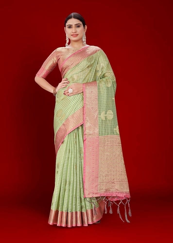 Woven Organza Saree in Light Green