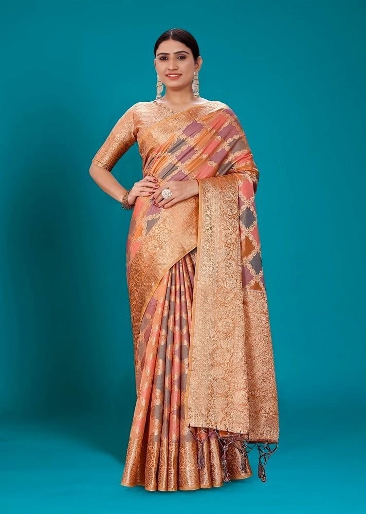 Woven Organza Saree in Orange and Multicolor