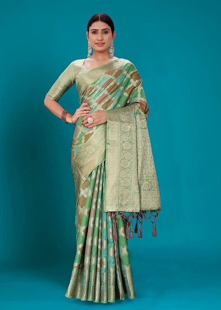 Woven Organza Saree in Green and Multicolor
