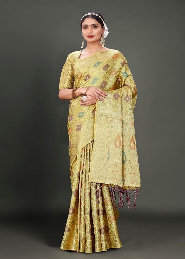 Woven Organza Saree in Olive Green