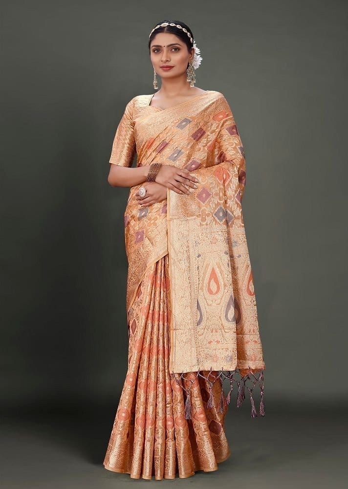 Woven Organza Saree in Peach