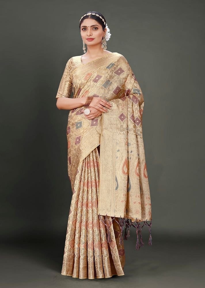 Woven Organza Saree in Beige