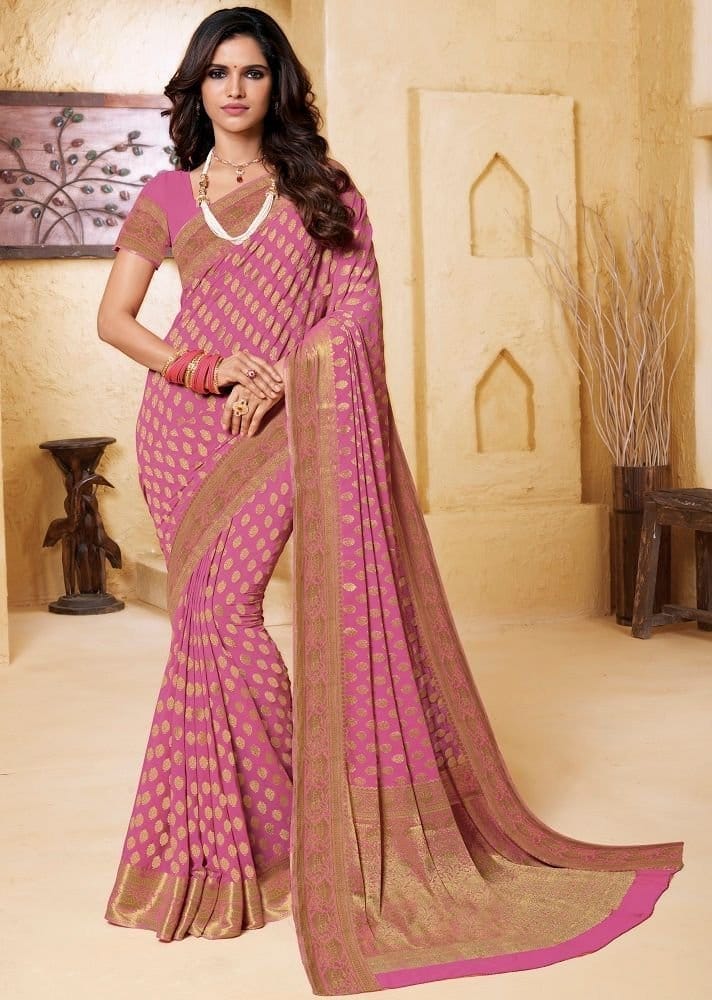 Taffy Pink Zari Woven Chiffon Saree
