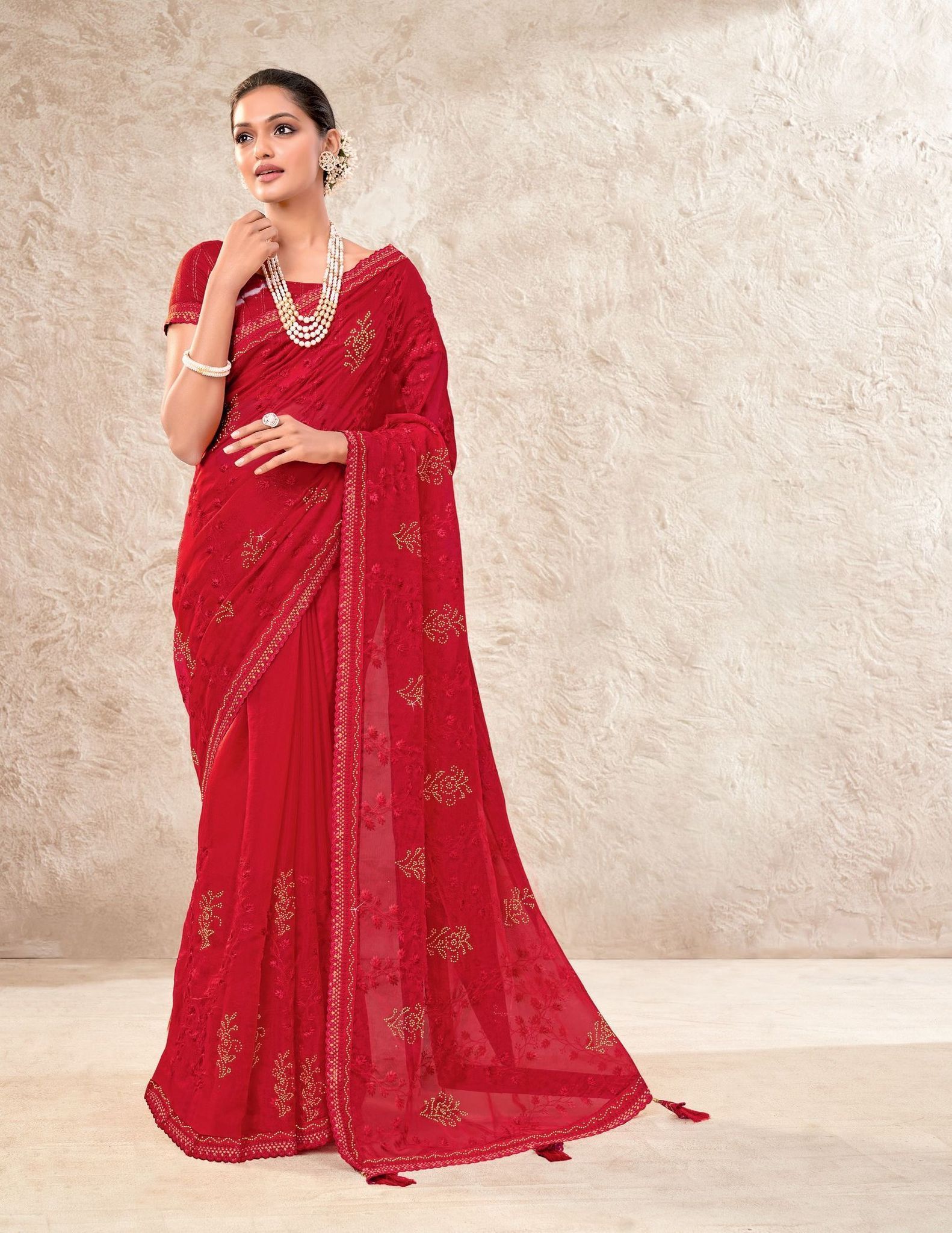 Red Color ORGANZA SAREES And Fancy Blouse Piece