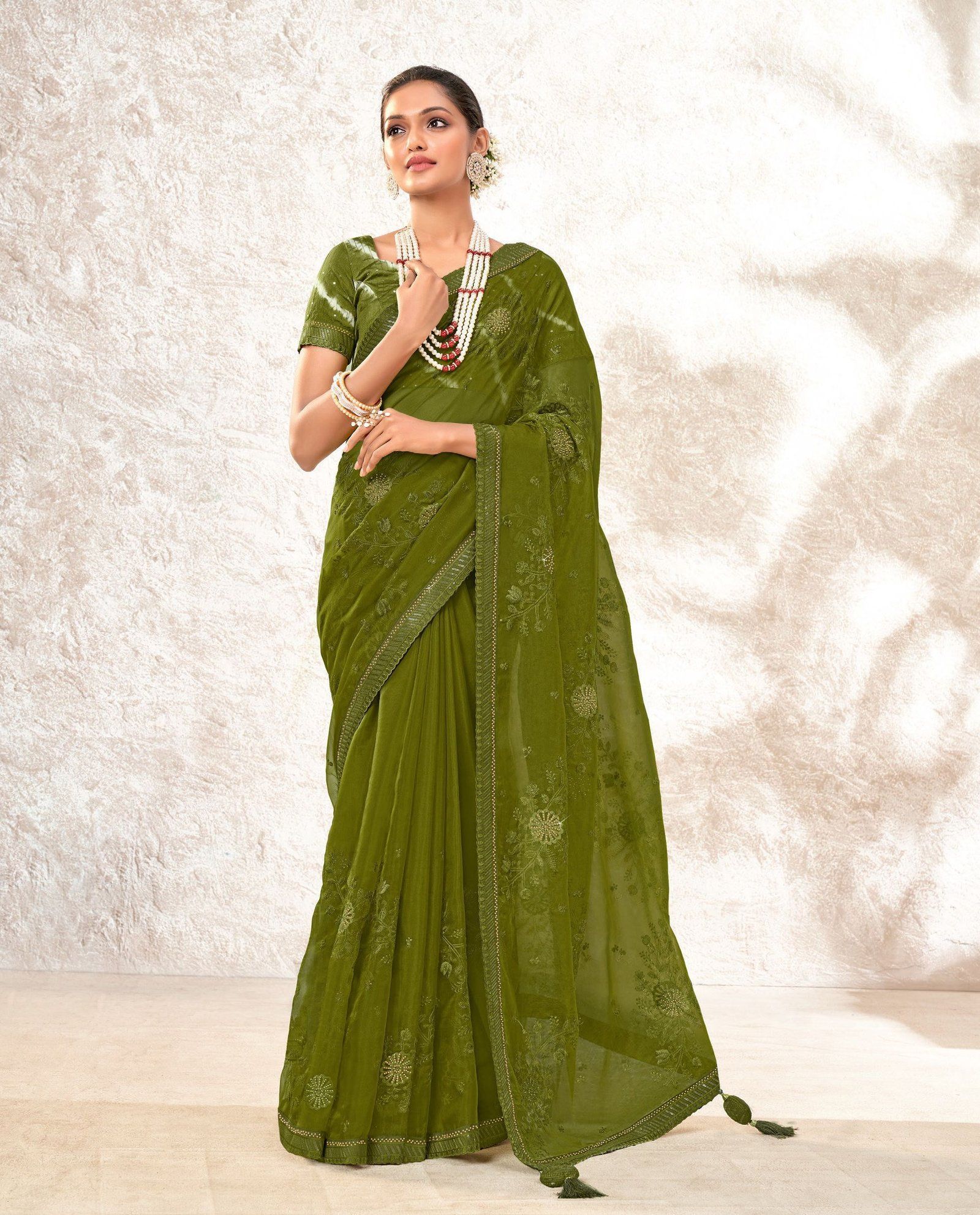 Dark Olive Color ORGANZA SAREES And Fancy Blouse Piece