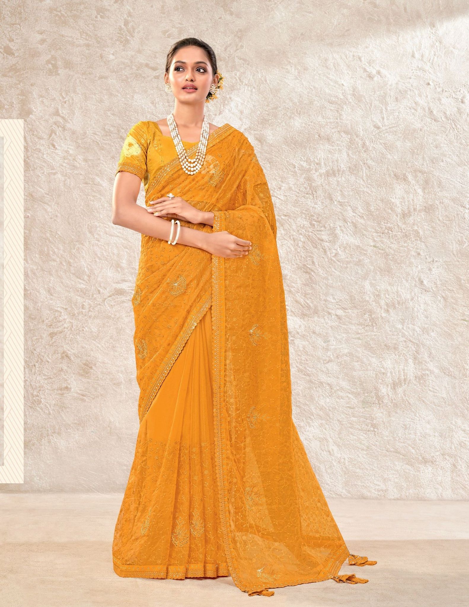 Gold Color ORGANZA SAREES And Fancy Blouse Piece