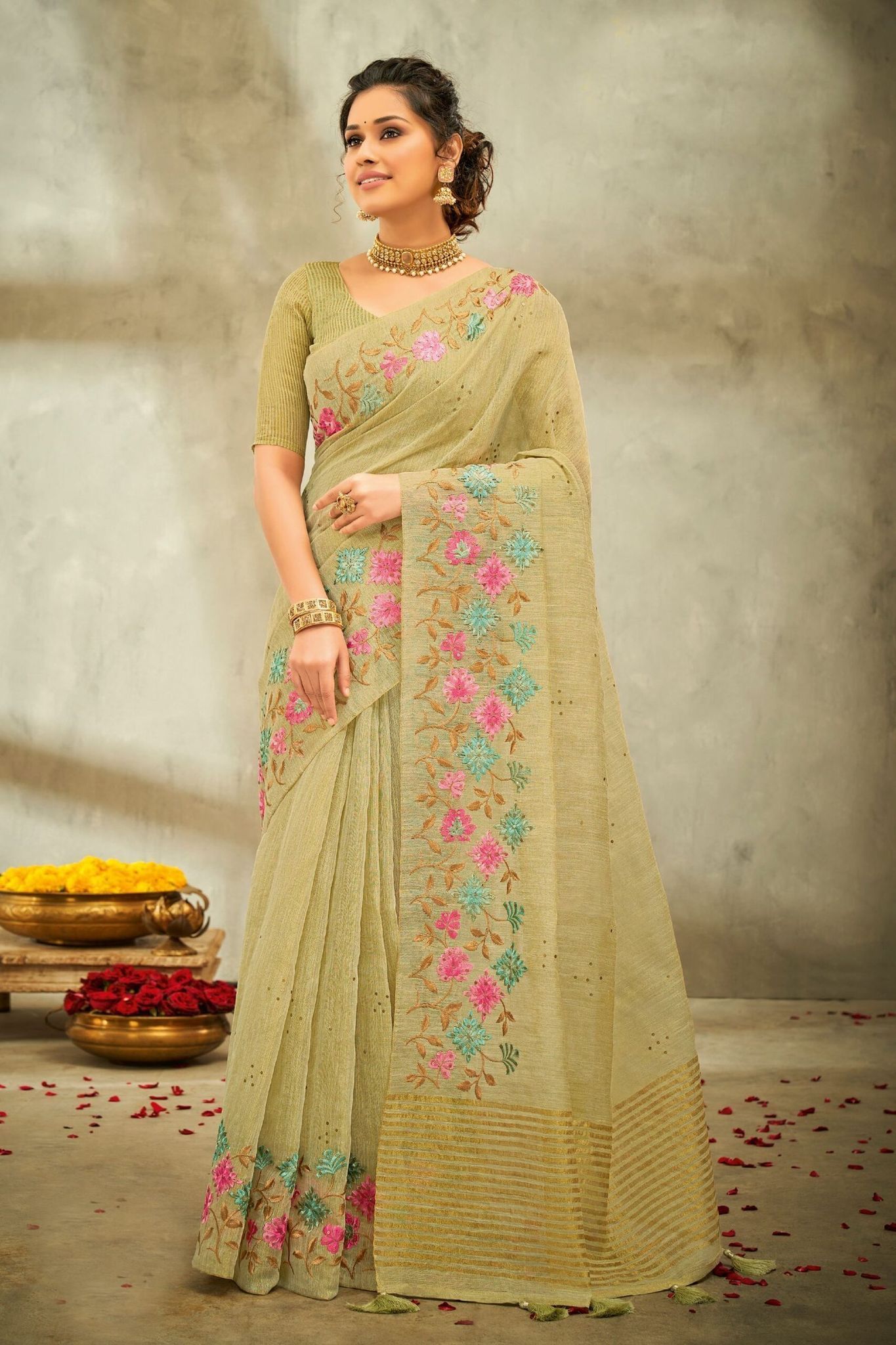 Beige Color Linen Tissue Saree And Fancy Blouse Piece