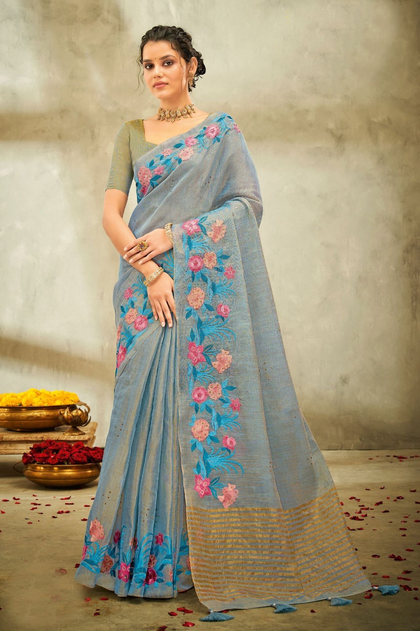 Blue Color Linen Tissue Saree And Fancy Blouse Piece