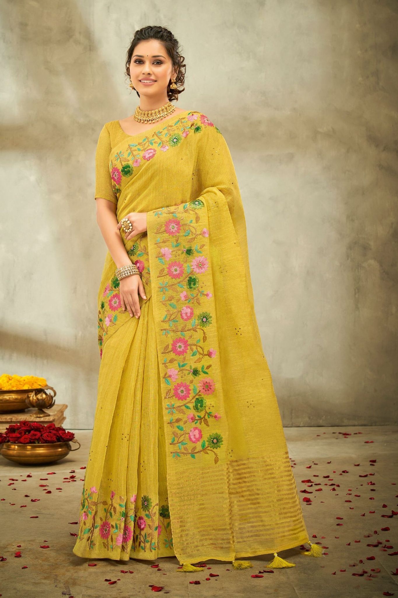 Yellow Color Linen Tissue Saree And Fancy Blouse Piece