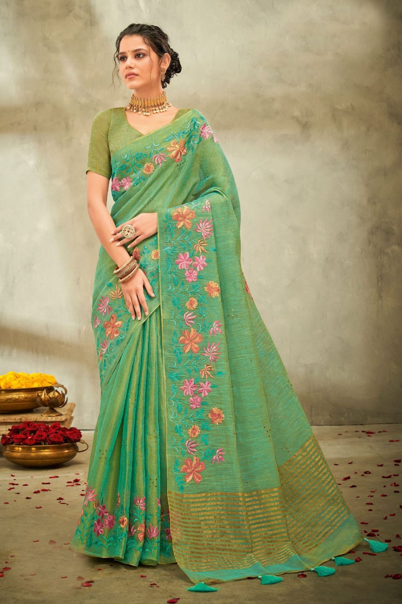 Green Color Linen Tissue Saree And Fancy Blouse Piece