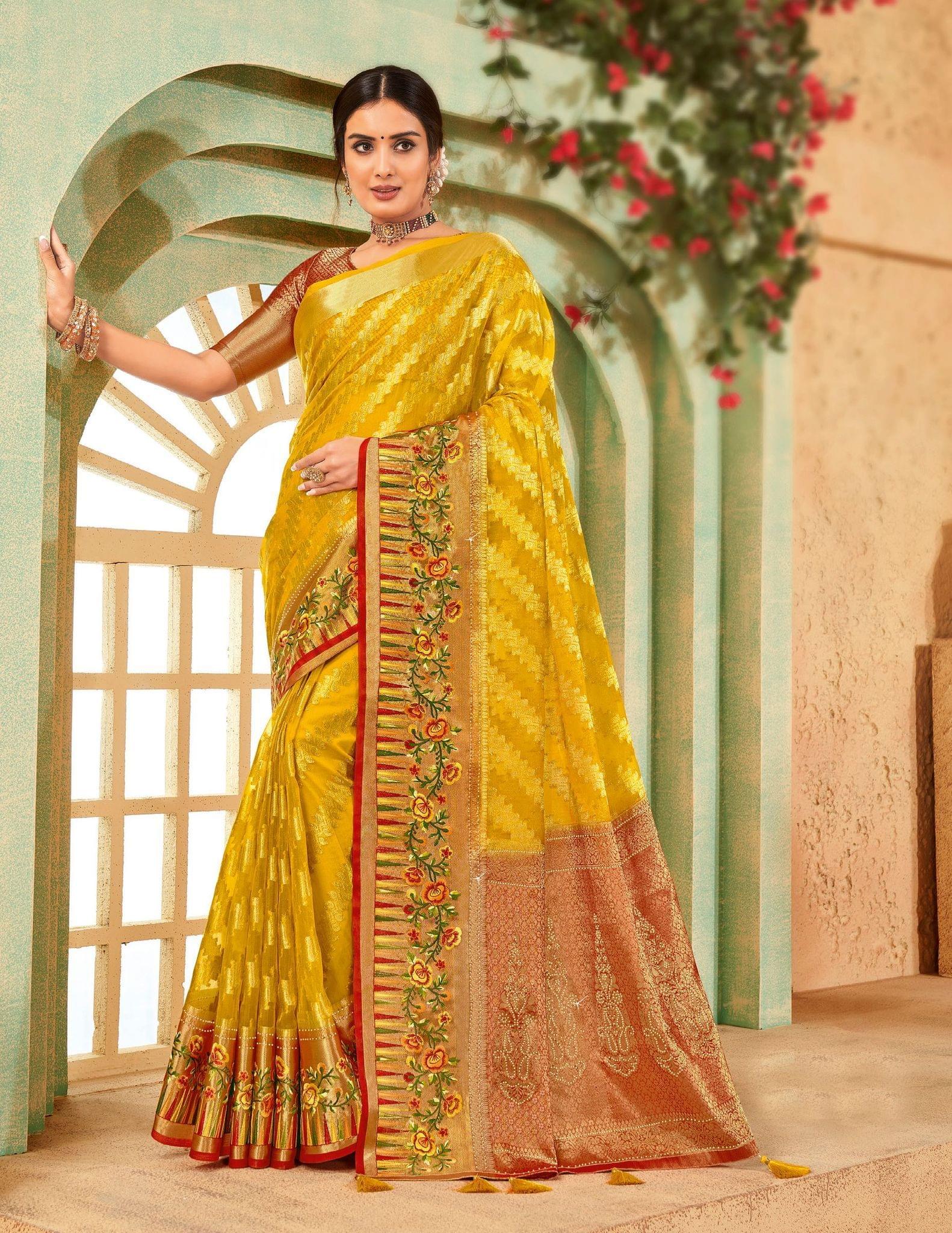 Yellow Color ORGANZA SAREES With Woven Zari Work Border And Blouse Piece