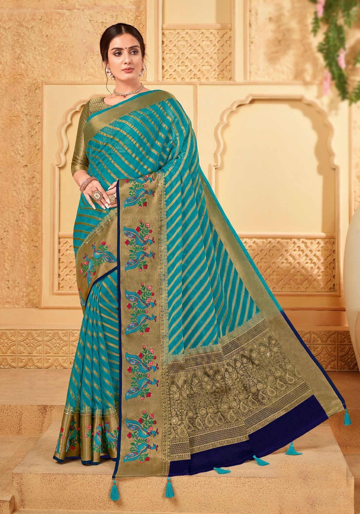 Rama Color ORGANZA SAREES With Woven Zari Work Border And Blouse Piece
