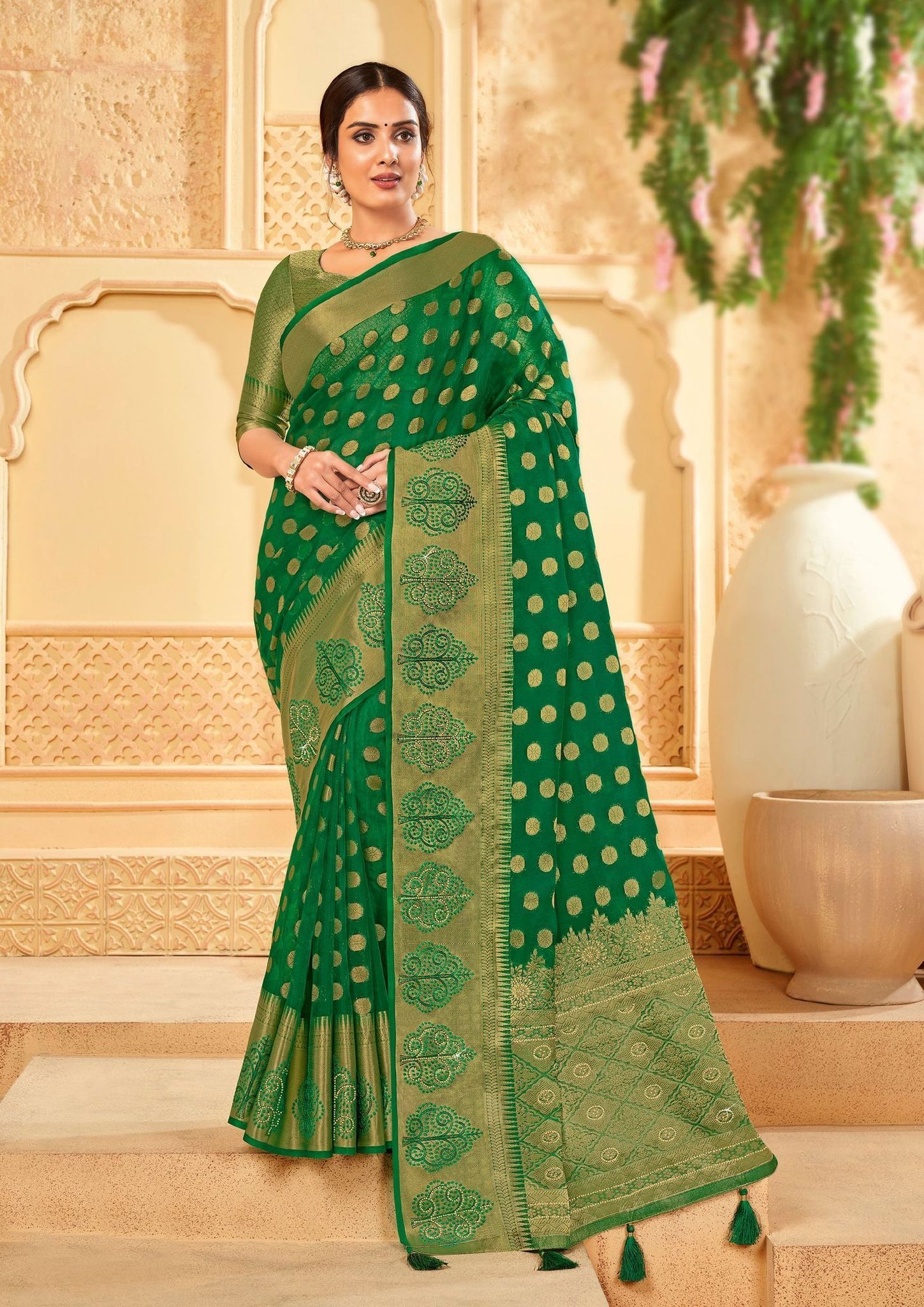 Green Color ORGANZA SAREES With Woven Zari Work Border And Blouse Piece