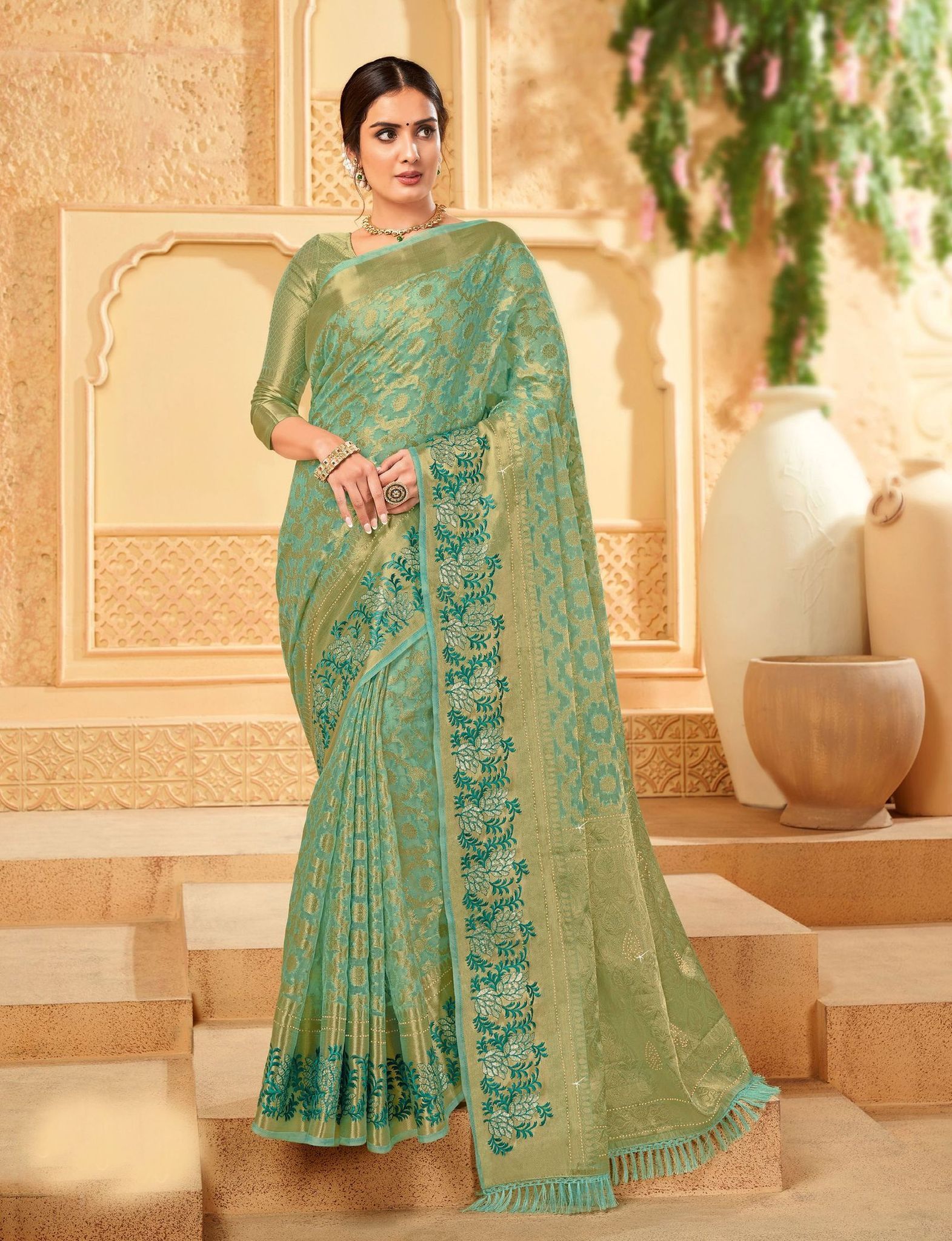 Turquoise Color ORGANZA SAREES With Woven Zari Work Border And Blouse Piece