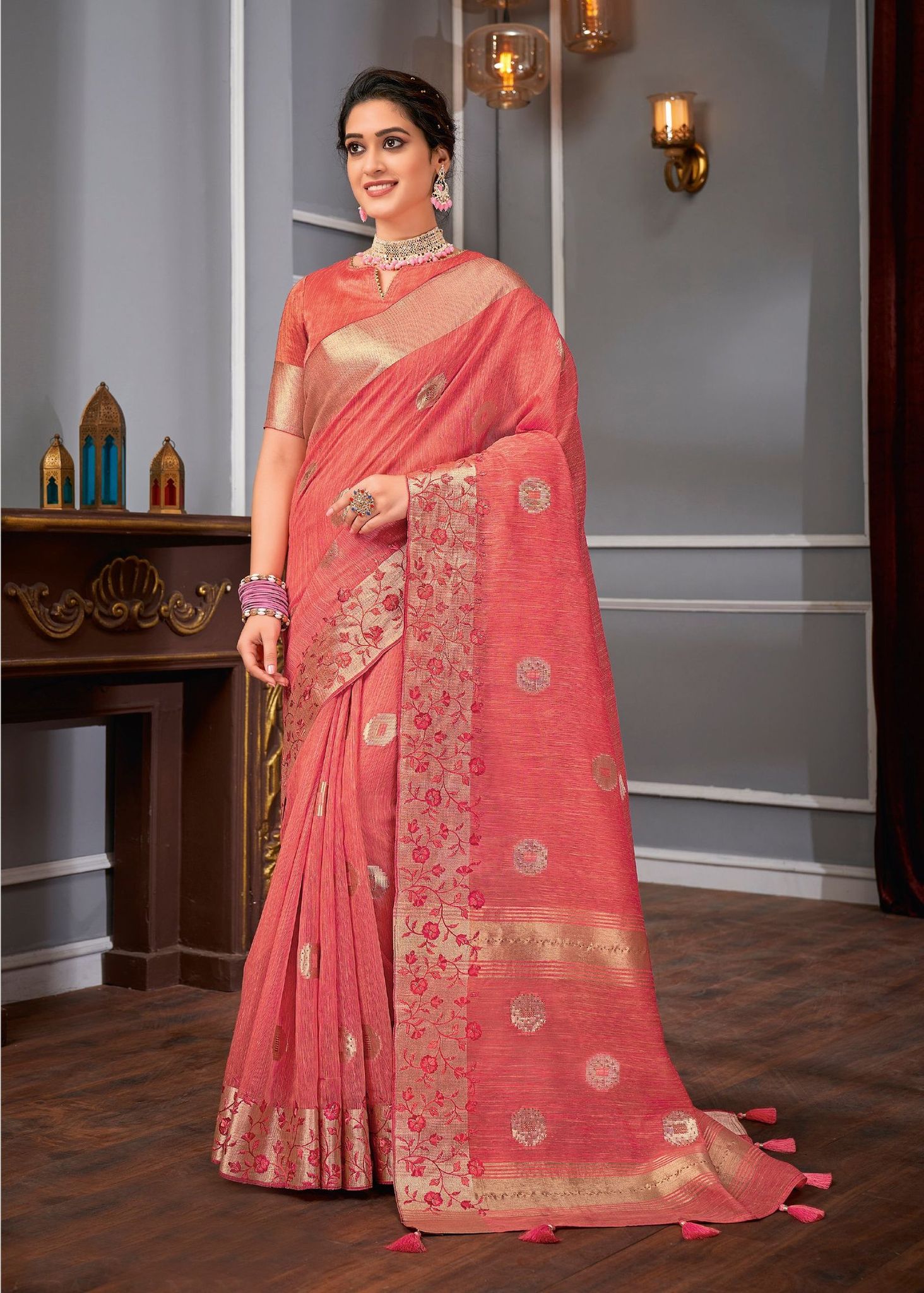 Peach Color Linen Tassar Silk Saree With Border And Fancy Running Blouse Piece