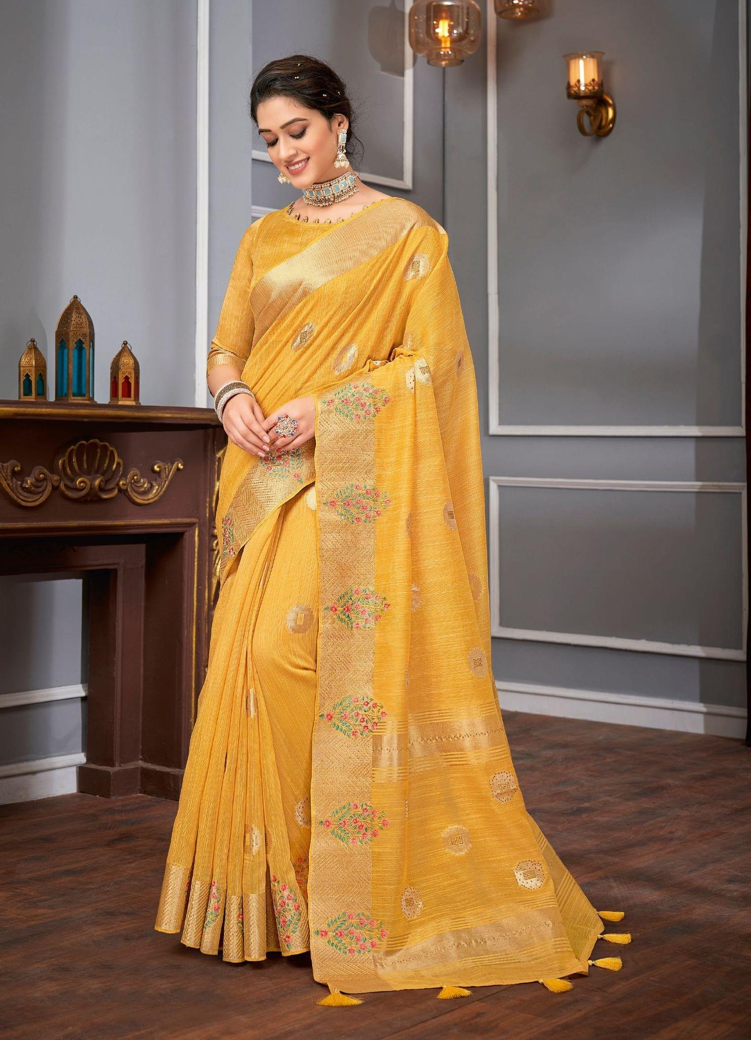 Yellow Color Linen, Tassar Silk Saree With Border And Fancy Running Blouse Piece