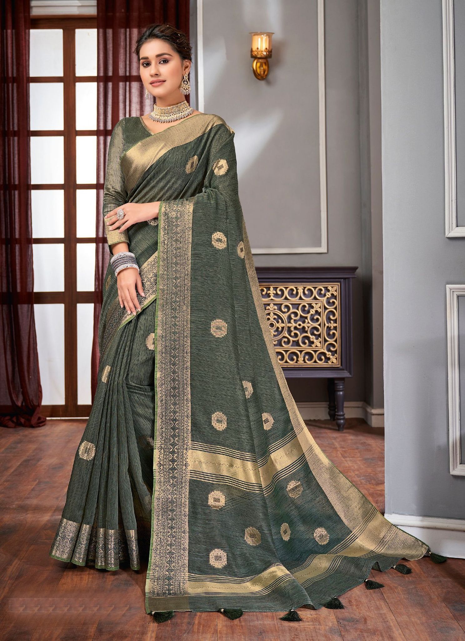 Dark Olive Color Linen Tassar Silk Saree With Border And Fancy Running Blouse Piece