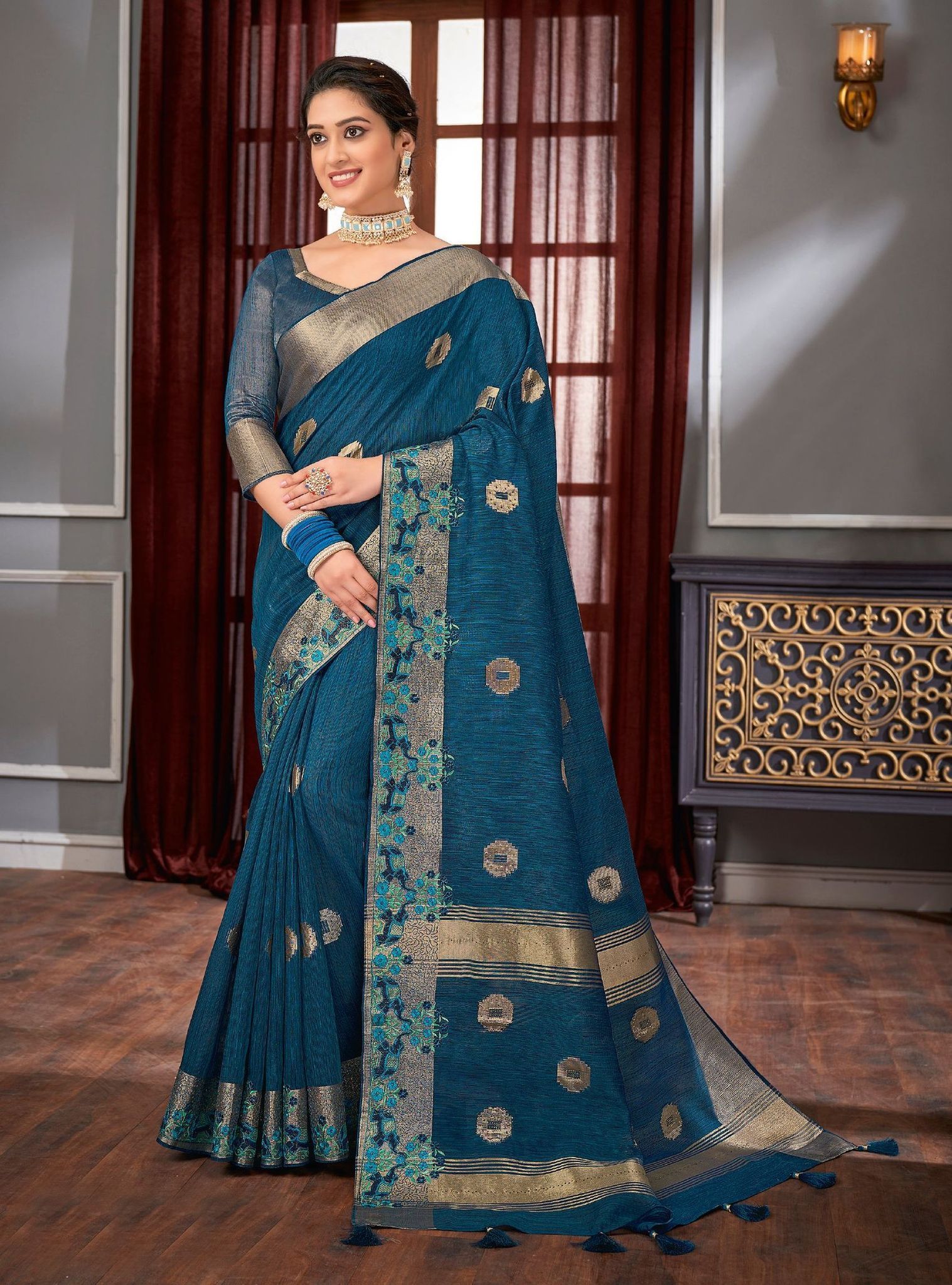 Blue Color Linen Tassar Silk Saree With Border And Fancy Running Blouse Piece